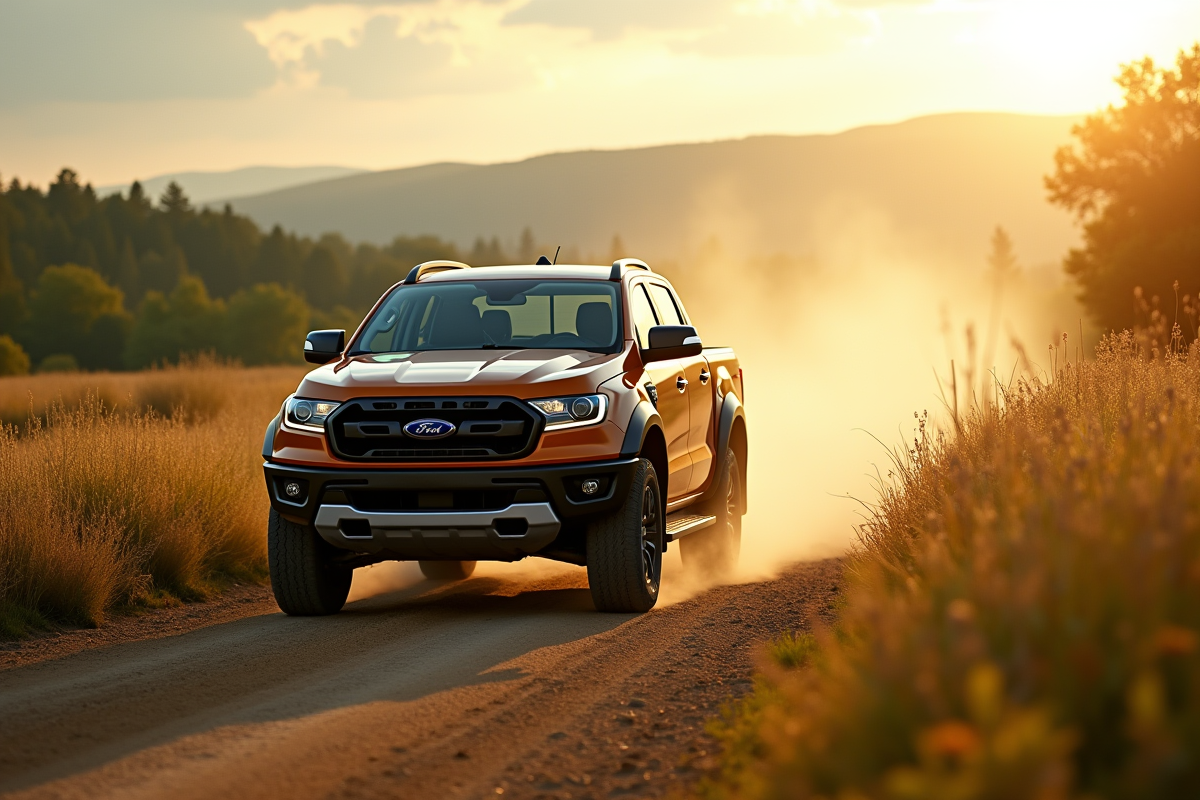 Pick-up 4x4 roulant sur chemin de campagne ensoleille