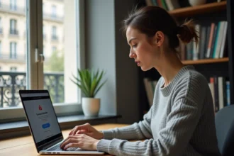 Femme utilisant un laptop en France face à un message de blocage géographique sur un site web