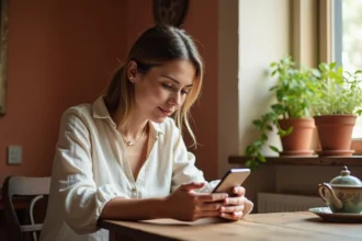 Femme italienne consultant une application d'achat d'occasion sur smartphone dans une cuisine méditerranéenne