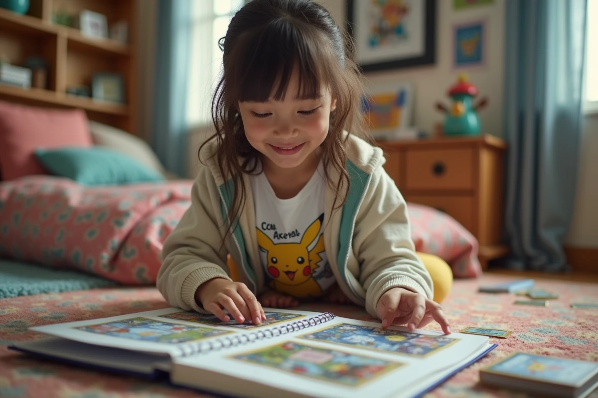 Adolescente arrangeant des cartes Pokémon dans un classeur