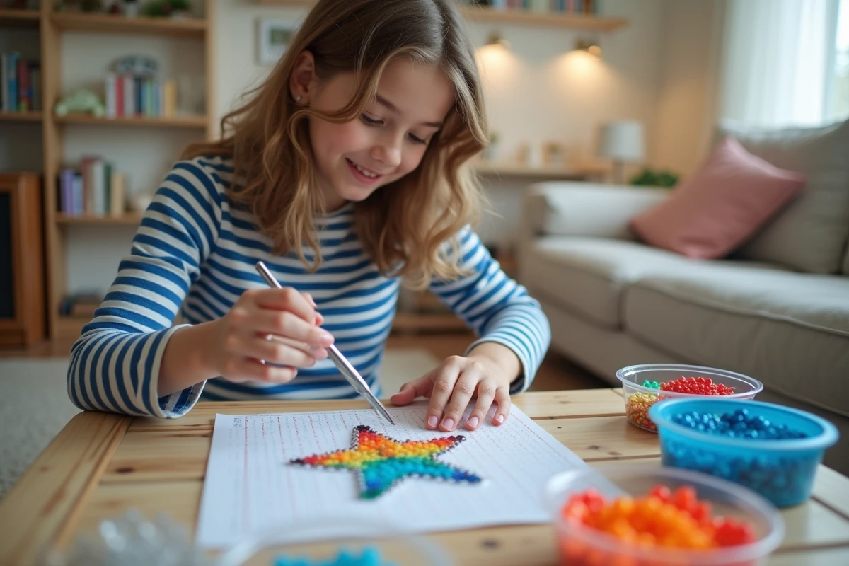Adolescente utilisant une pince à épiler pour placer des perles Hama colorées sur une plaque étoile, avec des modèles finis exposés en arrière-plan