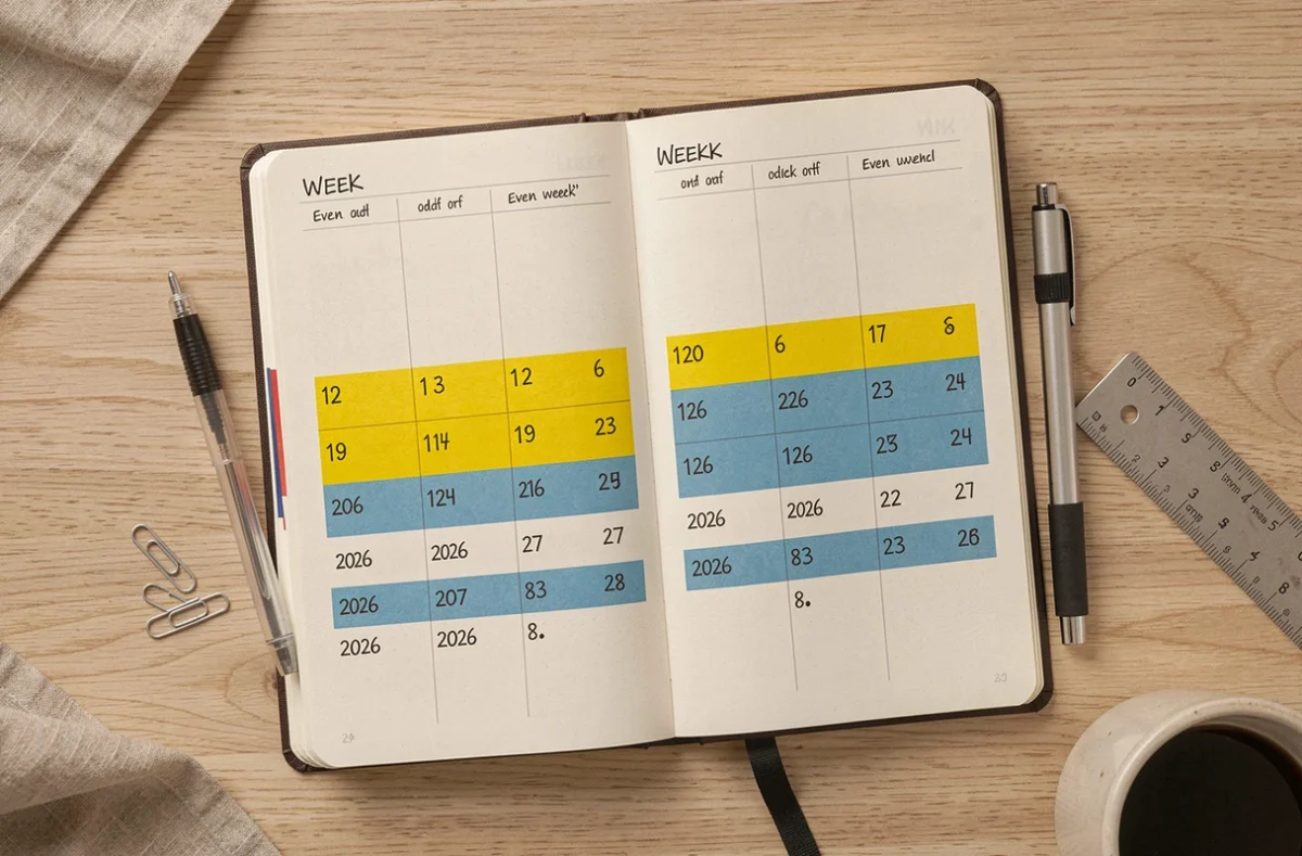 Vue du dessus d'un agenda ouvert avec semaines paires et impaires surlignées sur un bureau en bois clair