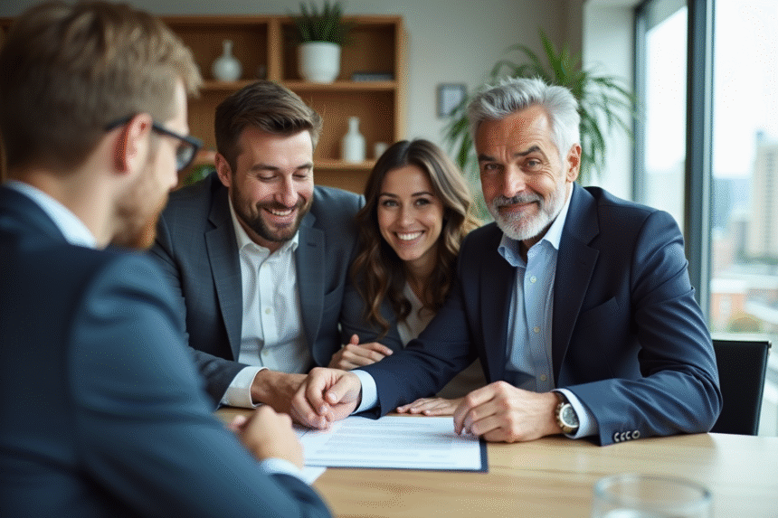 Agent immobilier avec couple dans un bureau moderne