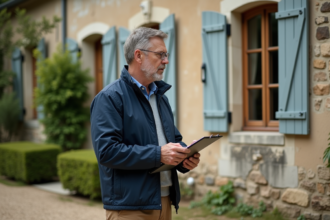 Agent immobilier examinant façade d'une maison ancienne
