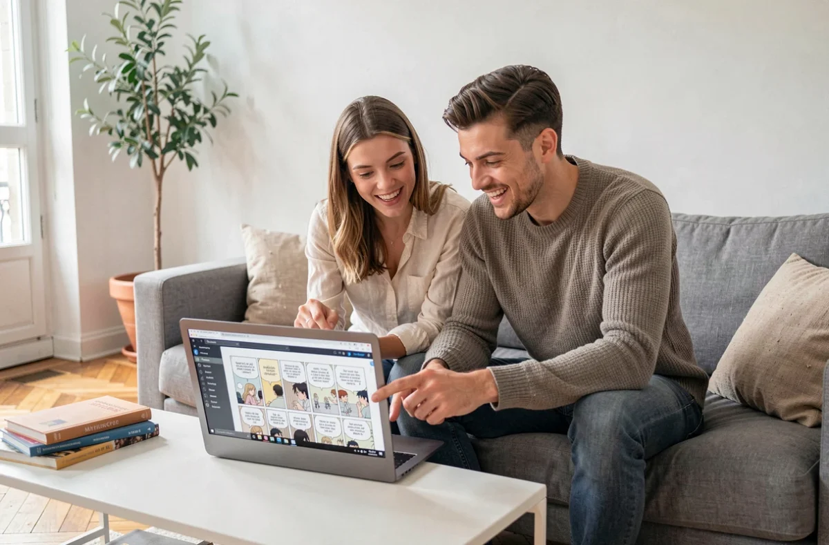 Deux amis découvrant ensemble un site de scan BL en français sur ordinateur portable dans un appartement moderne