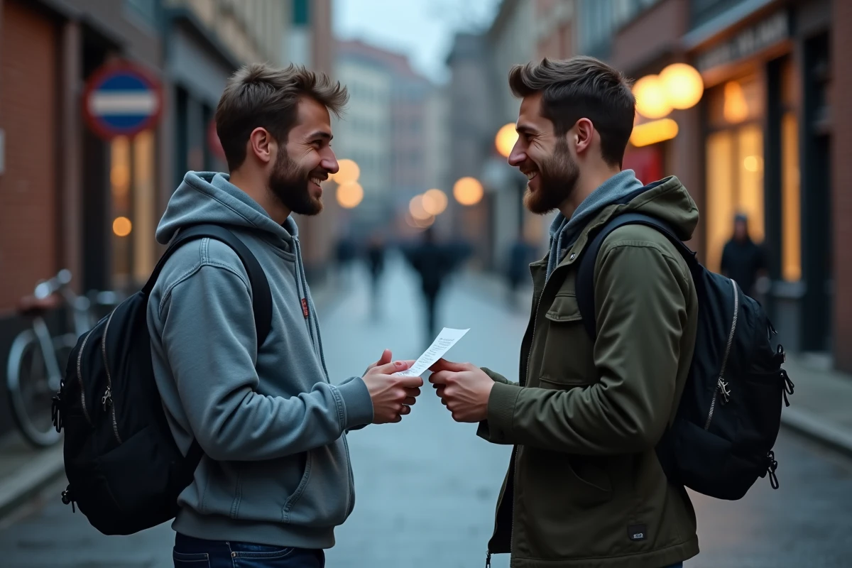 Deux amis échangent un mot d'amitié touchant dans une rue urbaine, visiblement émus
