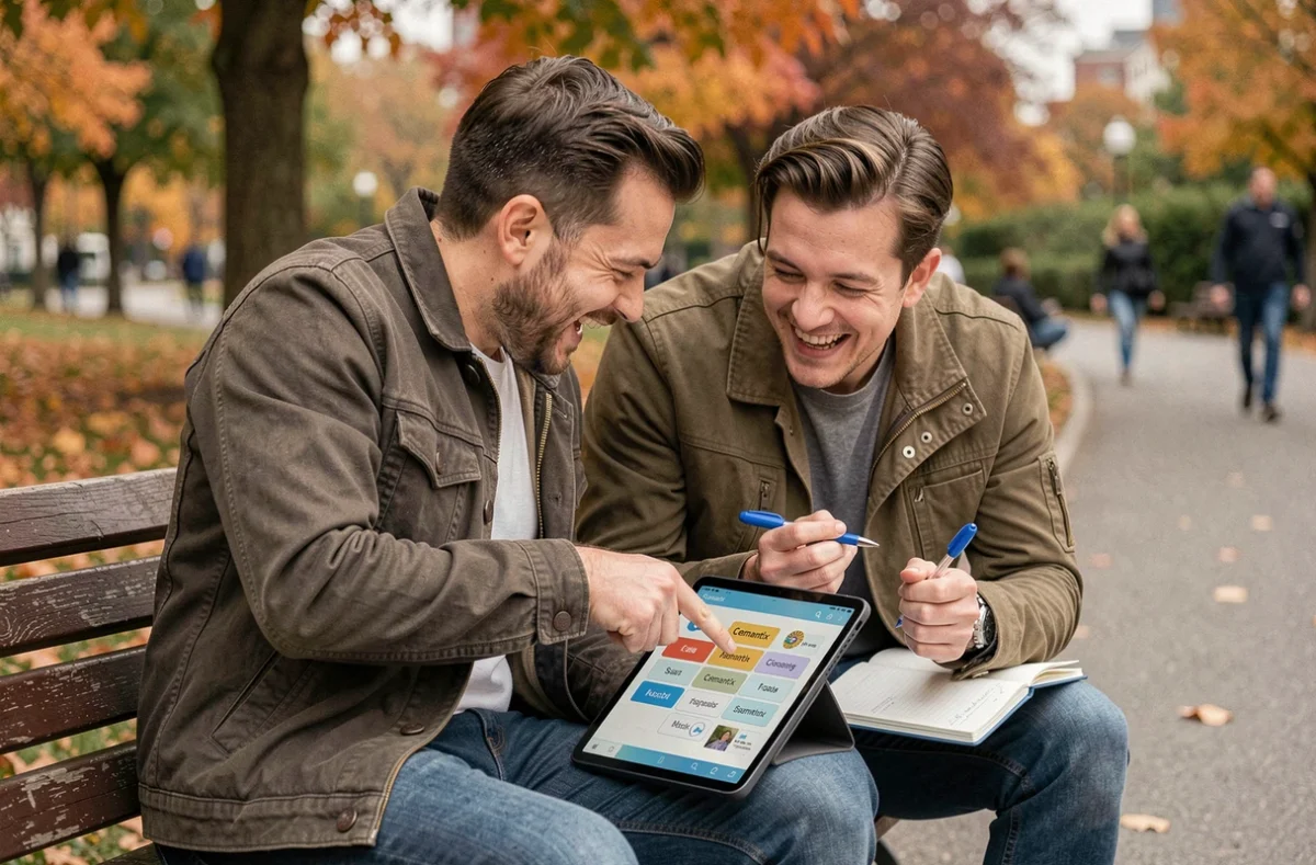 Deux amis jouant ensemble à un jeu de devinettes sémantiques sur tablette dans un parc en automne