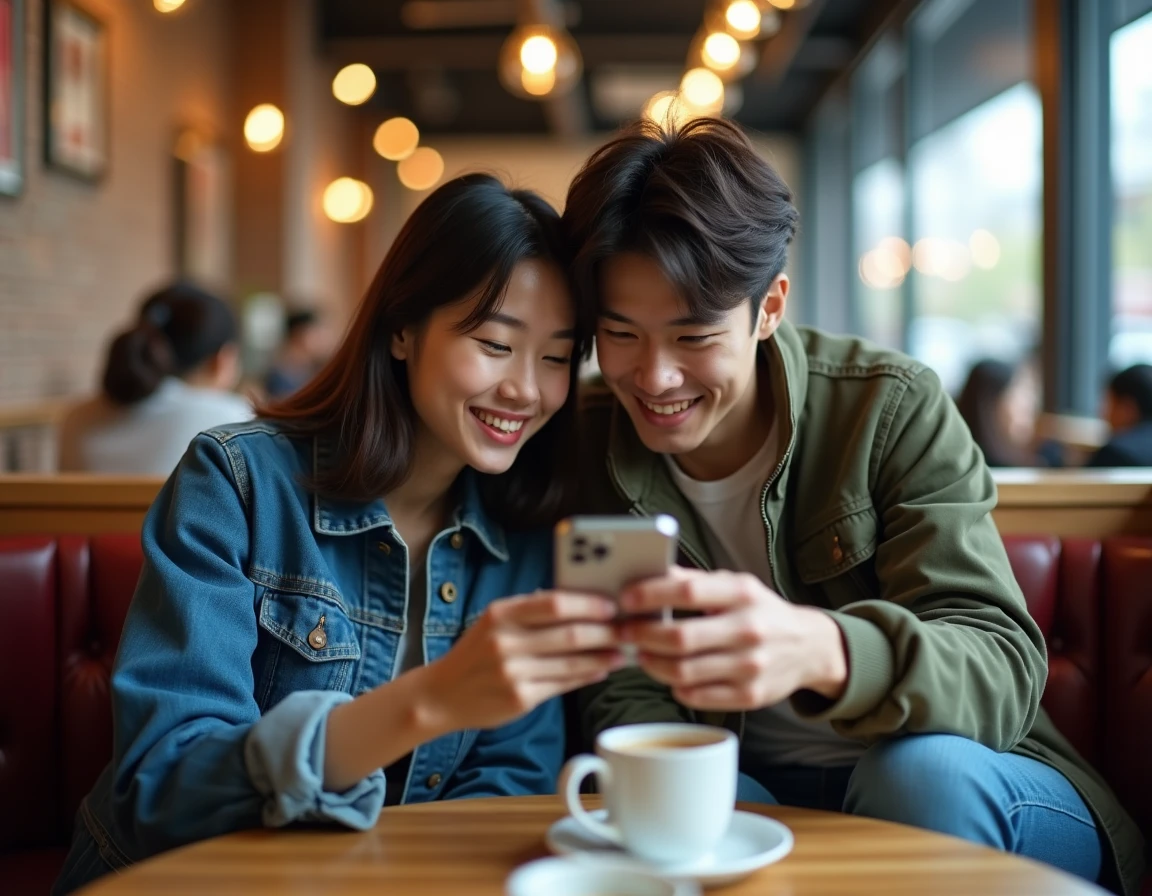 Deux amis partageant la lecture d'un manhwa sur smartphone dans un café urbain