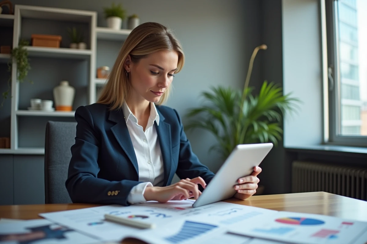 Femme analysant des données de mode sur une tablette dans un bureau