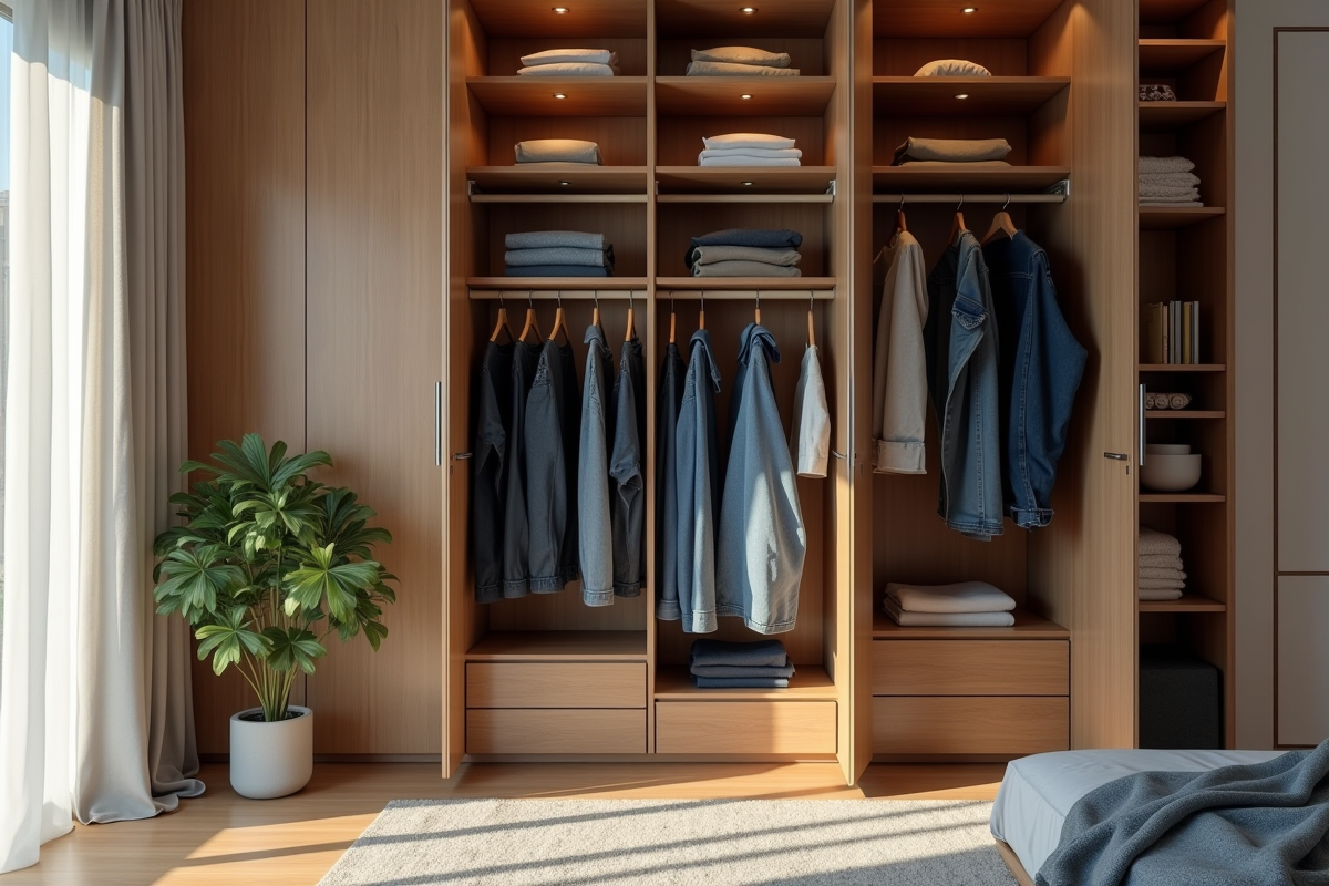 Armoire ouverte avec jeans et pantalons dans une chambre cosy