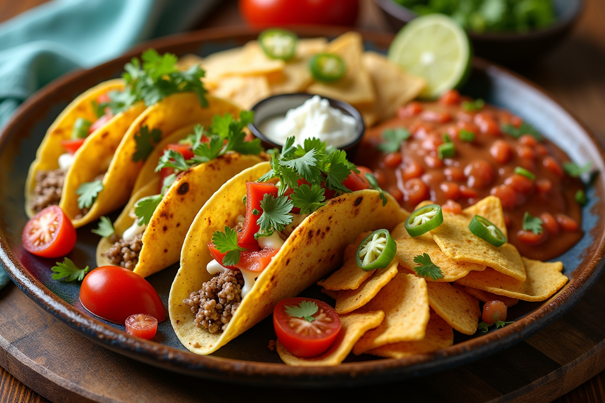 Assiette de tacos et nachos garnis de légumes frais et sauces