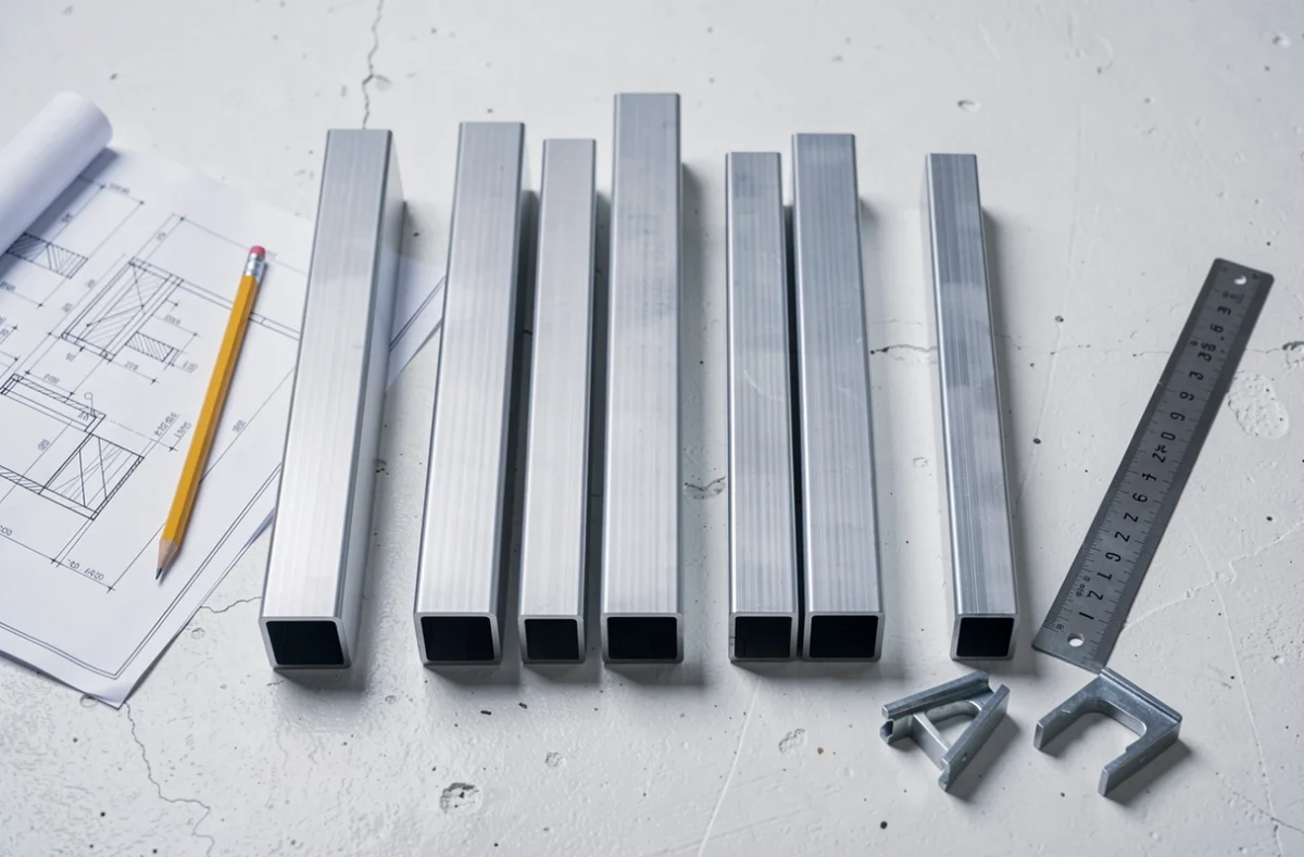 Assortiment de tubes aluminium rectangulaires sur mesure posés avec outils et plan technique en vue de dessus