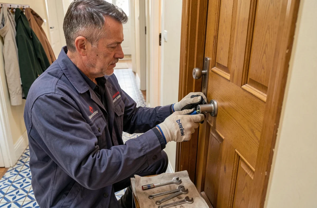 Artisan serrurier de l'Atelier du Serrurier démontant un cylindre de serrure dans un couloir résidentiel français