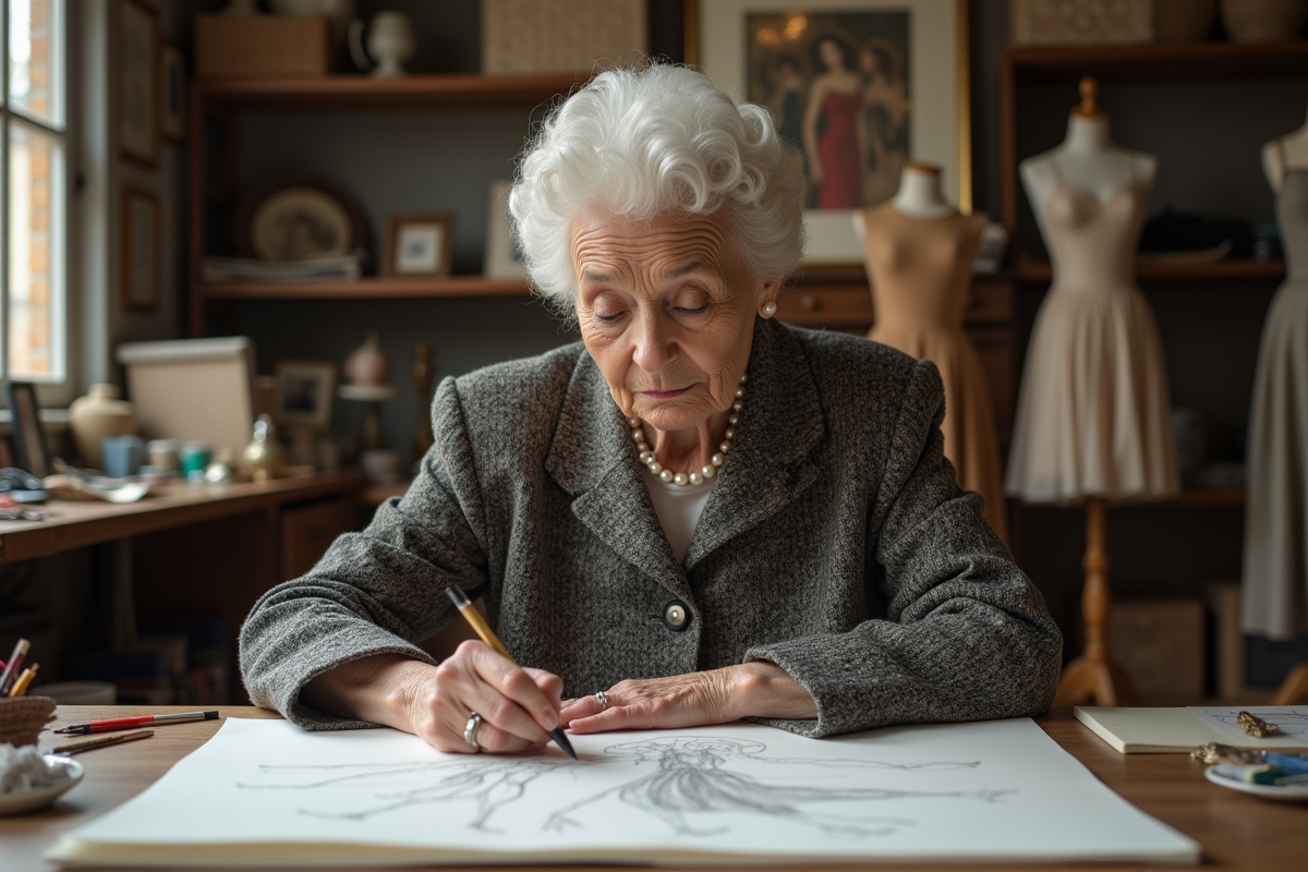 Femme âgée dessinant dans un atelier de mode vintage