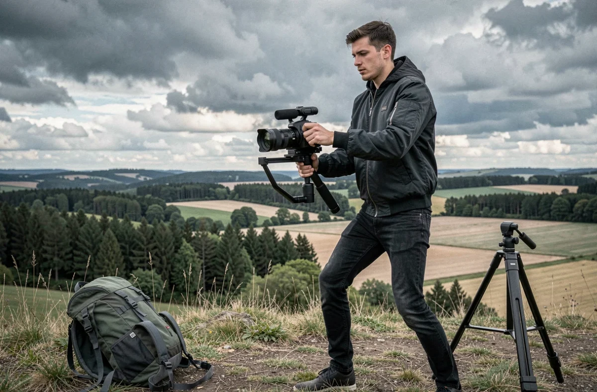 Aurélien Kirchner, photographe et vidéaste dans le Grand Est, en tournage extérieur avec une caméra cinéma sur gimbal