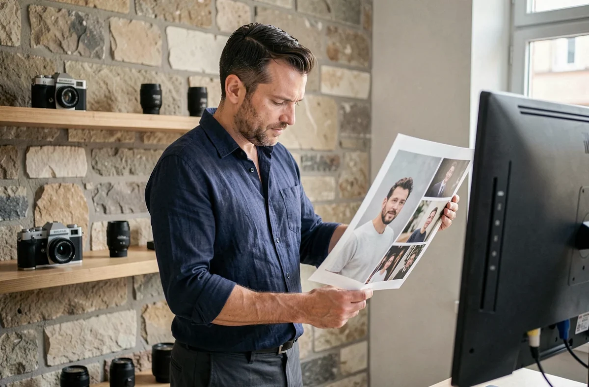 Benjamin Hincker, photographe portrait professionnel à Strasbourg, dans son studio examinant ses clichés