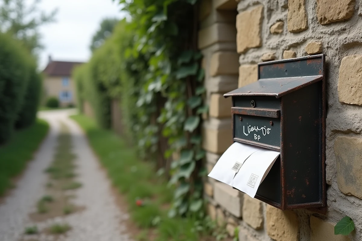 Boîte aux lettres rurale en pierre avec enveloppe portant une adresse lieu-dit en France