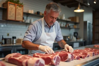 Boucher artisan arrangeant des pièces de viande dans son étal réfrigéré en boucherie traditionnelle française