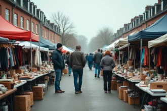 Braderie de plein air dans le Nord avec étals de brocante et visiteurs du week-end