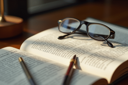 Bureau d'avocat avec livre ouvert et lunettes de lecture