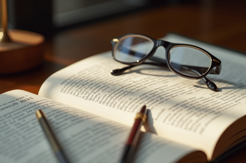 Bureau d'avocat avec livre ouvert et lunettes de lecture