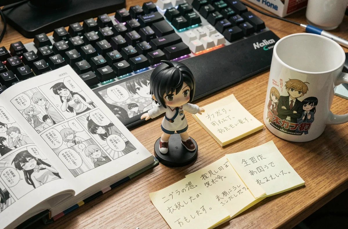 Bureau d'un otaku avec manga ouvert, figurine anime, clavier mécanique et notes en japonais vus de dessus
