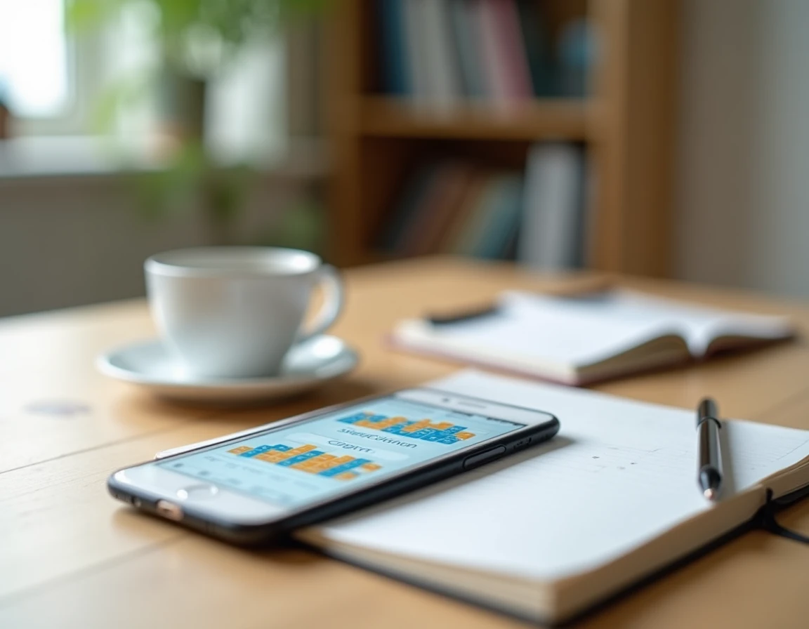 Calendrier numérique de garde alternée affiché sur un smartphone posé à côté d'un agenda papier sur un bureau en bois