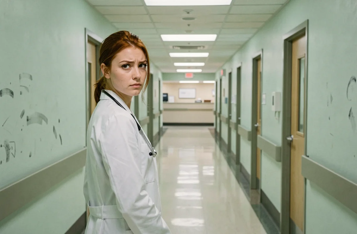 Femme médecin en couloir d'hôpital se retournant avec un regard mélancolique, illustrant la tension entre idéalisme médical et réalité professionnelle