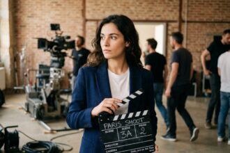 Jeune femme sur un tournage cinématographique à Paris tenant un clap de film dans les coulisses d'un studio