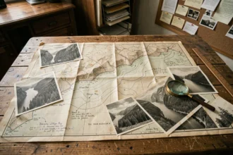 Carte topographique vintage de la baie Lituya annotée à la main avec des photographies d'archives noir et blanc des années 1950