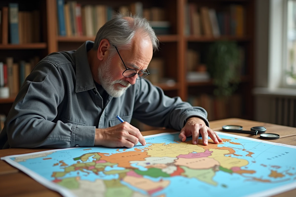 Cartographe étudiant une grande carte physique de la Russie, illustrant la superficie colossale du plus grand pays du monde