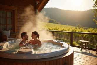 Terrasse d'un chalet romantique en Alsace avec jacuzzi et vue sur vignoble