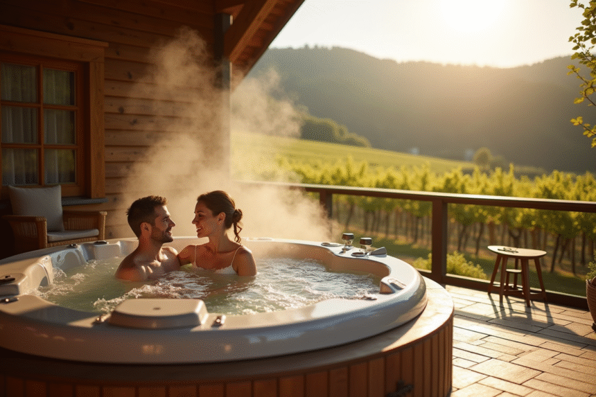 Terrasse d'un chalet romantique en Alsace avec jacuzzi et vue sur vignoble