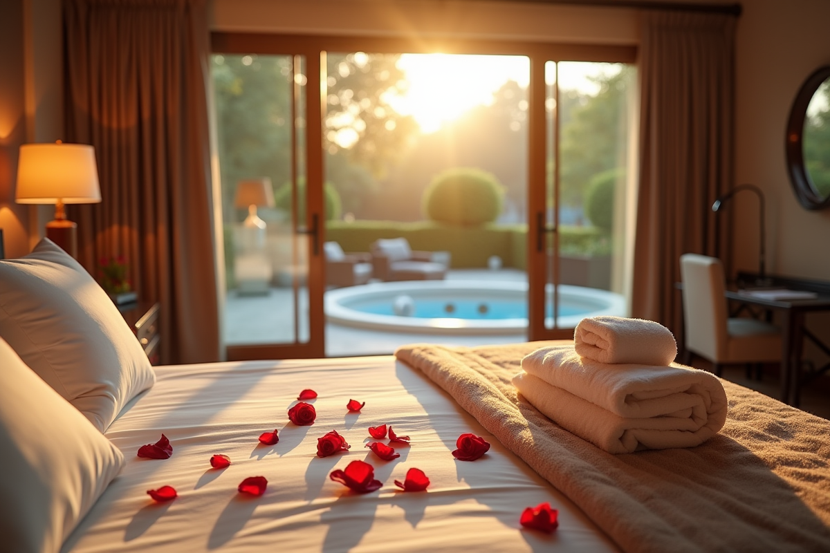 Chambre cosy avec jacuzzi privé et lumière de fin d