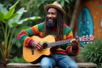 Chanteur reggae aux dreadlocks dans un jardin communautaire
