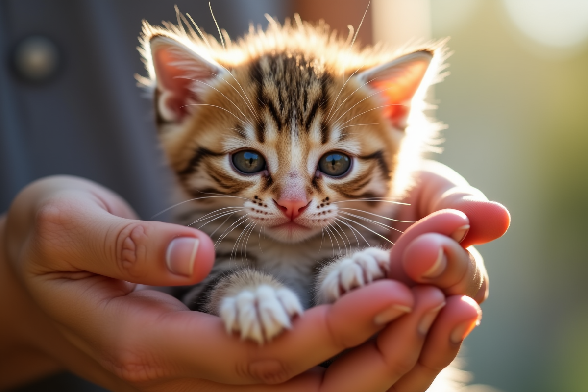 Chaton british shorthair tenu dans les mains en lumière naturelle