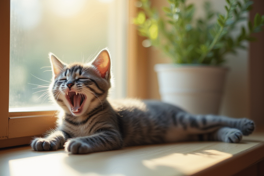 Chaton british shorthair s'étirant sur une fenêtre lumineuse