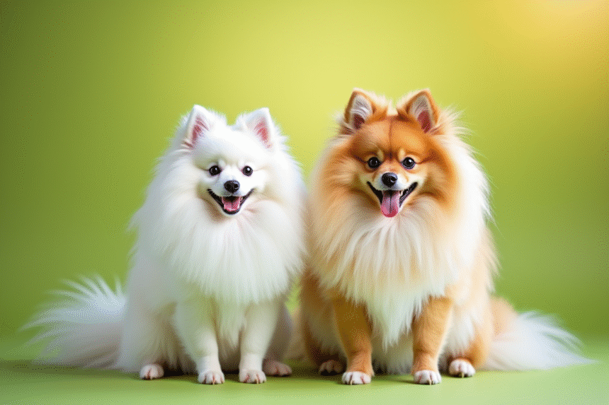 Deux spitz assis côte à côte en plein jour sur l'herbe verte