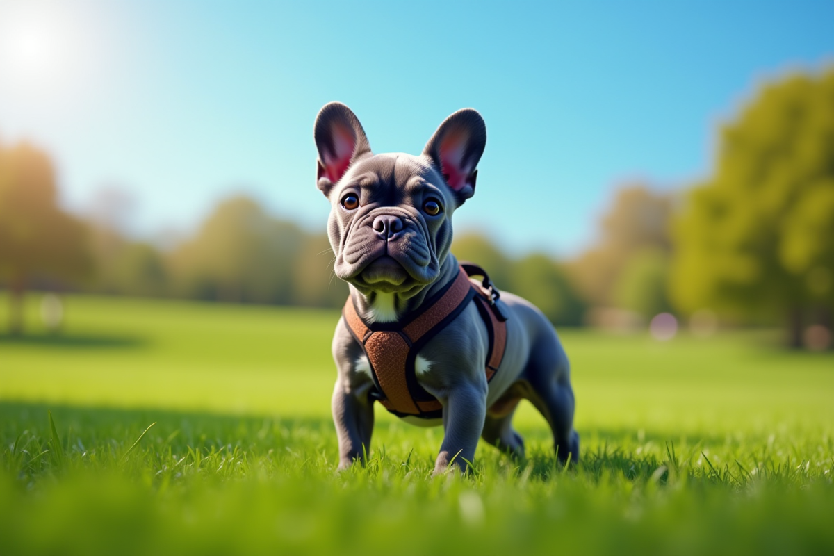 Buldogue français bleu dans un parc vert au matin