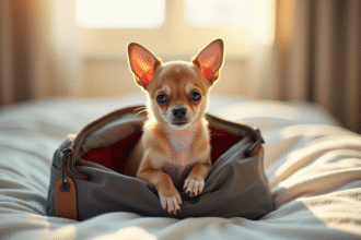 Petit chiot chihuahua dans un sac de voyage ouvert sur un lit lumineux