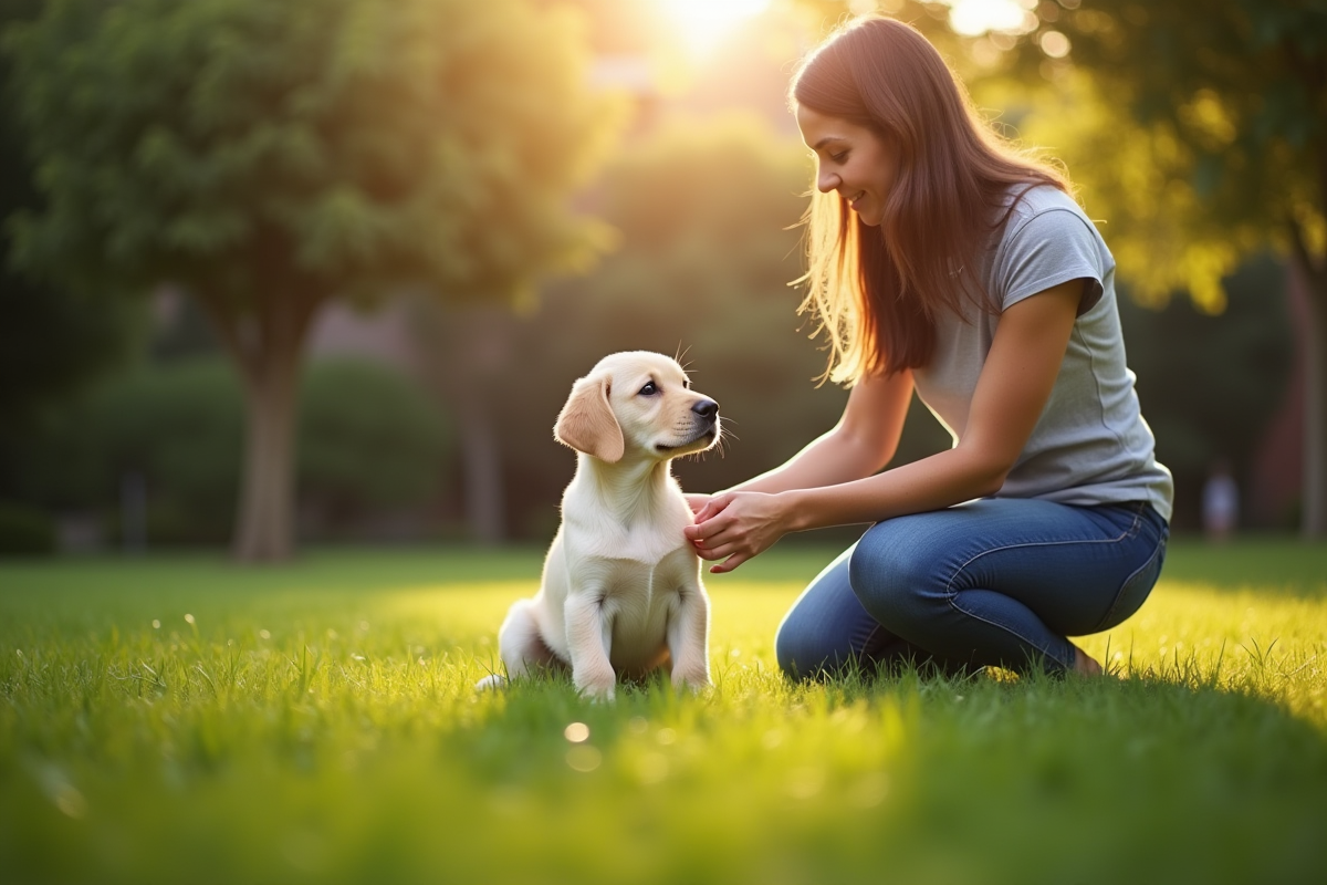 Chiot labrador assis dans un jardin avec une femme