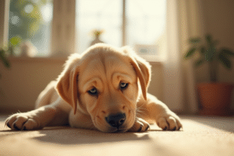 Jeune chiot labrador jouant avec un enfant dans un salon lumineux