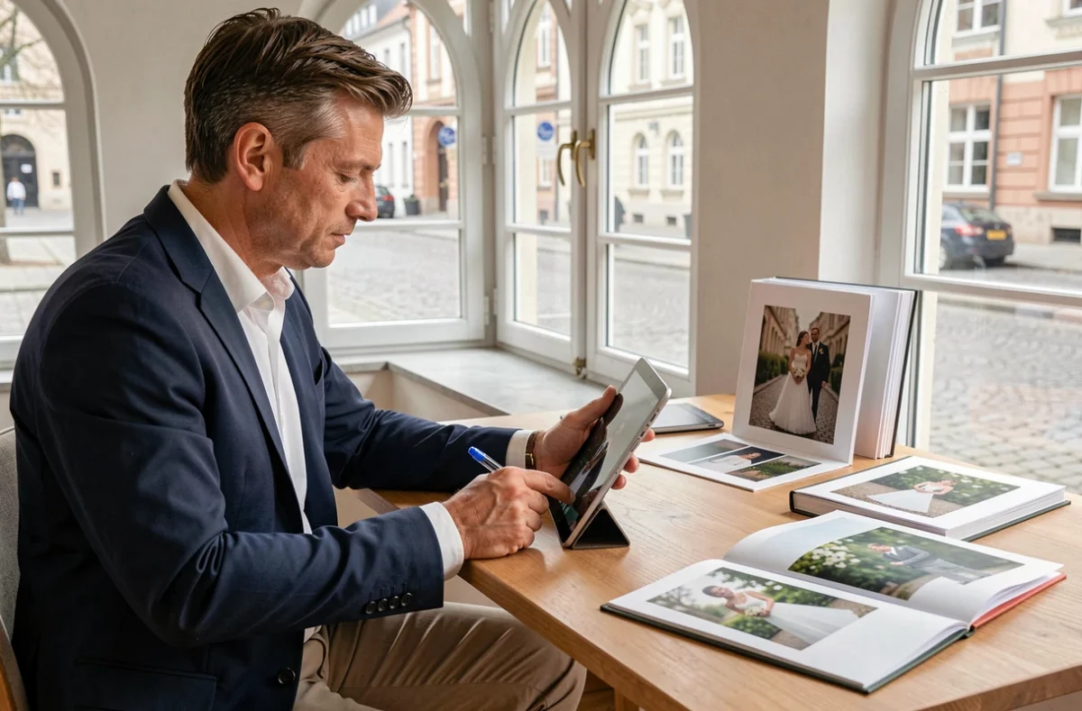 Christophe Hamm, photographe portrait et mariage à Strasbourg, examinant ses albums dans son atelier