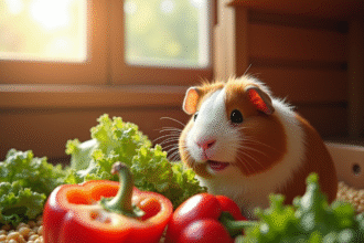Cochon d'Inde mangeant des légumes frais dans une cage lumineuse