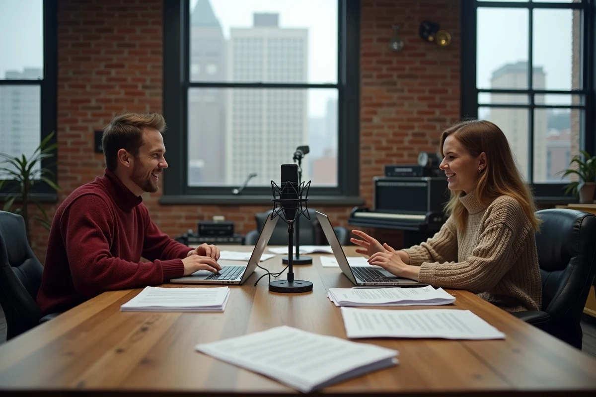 Deux musiciens en session de collaboration créative autour d'une table avec des partitions et du matériel audio, illustrant les collaborations de la discographie de 3piece