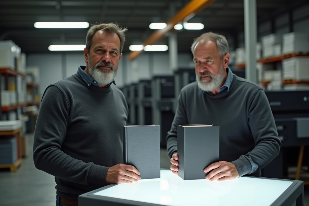 Technicien comparant deux livres brochés avec finitions différentes dans un atelier d'impression professionnel