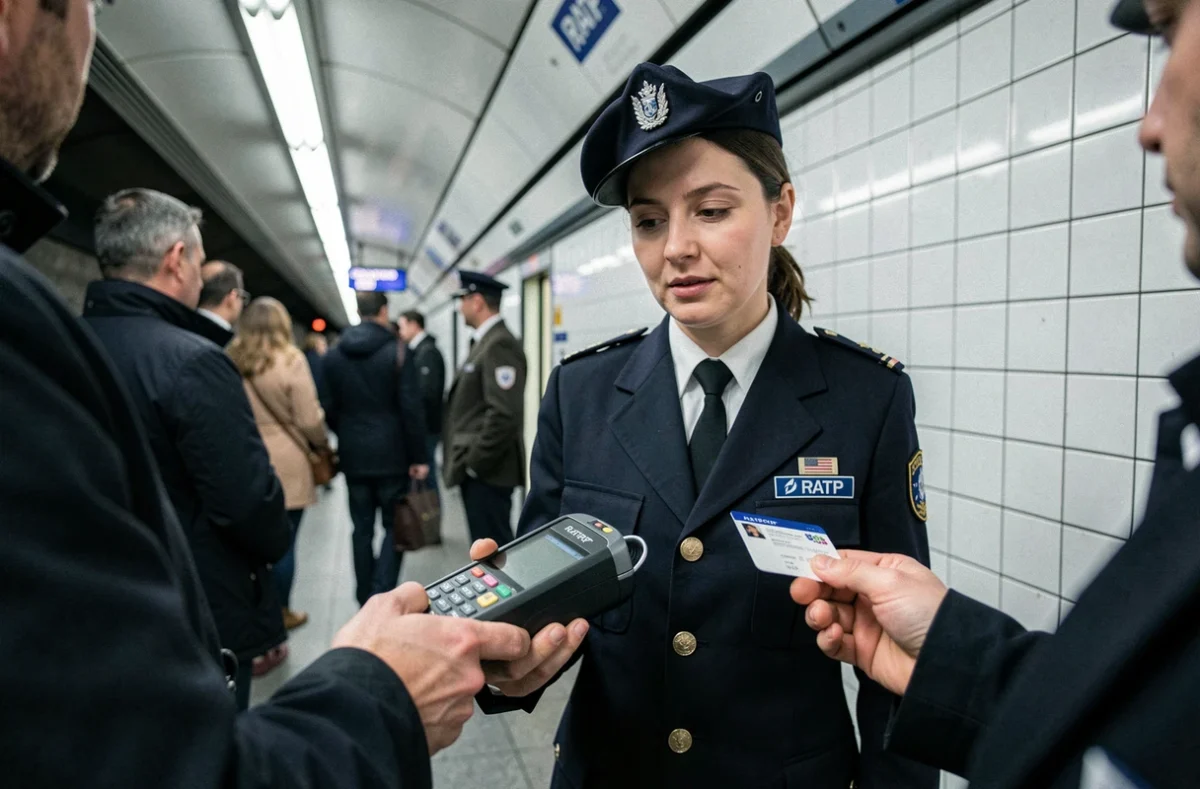Contrôleur RATP vérifiant un titre de transport dans une station de métro parisienne