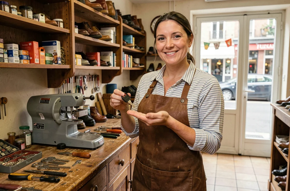 Artisane de la Cordonnerie Serrurerie Bouget tenant une clé nouvellement découpée dans sa boutique artisanale française