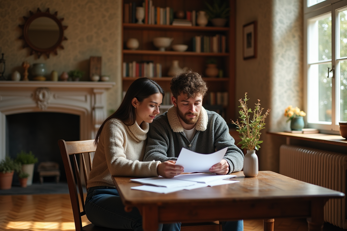 Jeune couple analysant documents dans un salon rustique