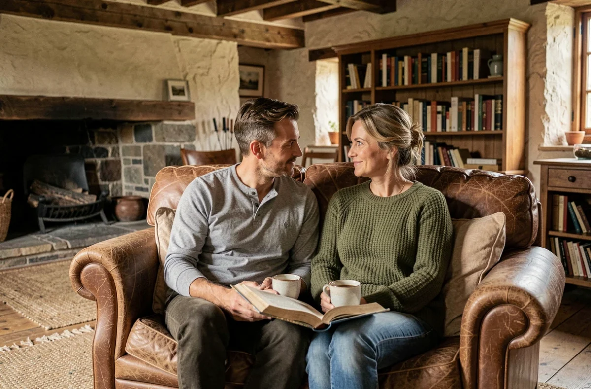 Couple intime dans un intérieur de ferme rustique à la campagne, symbolisant une vie amoureuse paisible et authentique loin de Paris